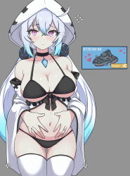  azur_lane bare_shoulders bikini black_bikini black_choker blue_gemstone blue_hair blush breasts choker countdown_timer detached_sleeves enforcer_iii_harvest_(azur_lane) female frills gameplay_mechanics gem gradient_hair habit hair_between_eyes hands_on_own_stomach headgear heart highres hip_focus implied_pregnancy jaggi_95 jewelry large_breasts light_frown long_hair looking_at_viewer medium_breasts multicolored_hair navel nervous purple_eyes ring ship siren_(azur_lane) skindentation solo swimsuit thigh_gap thighhighs thighs very_long_hair watercraft wedding_ring white_hair 