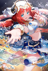  aqua_eyes blue_nails blush breasts circlet crop_top detached_sleeves fake_horns female genshin_impact harem_outfit high_heels highres horns jewelry kana_ami long_hair long_sleeves looking_at_viewer medium_breasts midriff nilou_(genshin_impact) red_hair skirt smile solo stomach veil 