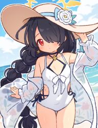  aged_down beach black_hair blue_archive blue_sky blush braid brown_hat closed_mouth cloud commentary_request day earrings female floral_print flower hair_over_one_eye halo hat hat_flower hinata_(blue_archive) hinata_(swimsuit)_(blue_archive) jewelry long_hair long_sleeves looking_at_viewer one-piece_swimsuit onyhakase open_clothes outdoors red_eyes single_braid sky solo sun_hat swimsuit very_long_hair white_flower white_one-piece_swimsuit 