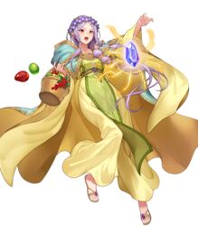  basket dress female fire_emblem fire_emblem:_the_binding_blade fire_emblem_heroes floating floating_object flower food fruit full_body gold_trim green_eyes hair_ornament head_wreath heterochromia highres hood hood_down idunn_(divine_demon)_(fire_emblem) idunn_(fire_emblem) kakage light_persona long_dress long_hair non-web_source official_art open_mouth pointy_ears purple_hair red_eyes rock sandals solo tied_hair toes transparent_background wide_sleeves 