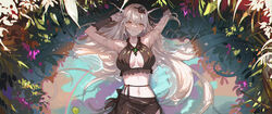  absurdres alternate_costume arknights arm_warmers arms_up bikini black_bikini black_flower black_ribbon breasts center_opening commentary cowboy_shot demon_horns ear_piercing female flower grey_hair hair_between_eyes hair_flower hair_ornament hair_ribbon hair_spread_out highres horns in_water jewelry krin_(krinnin) large_breasts light_blush long_hair lying navel necklace on_back outdoors piercing plant pointy_ears ribbon see-through shining_(arknights) solo straight-on swimsuit very_long_hair 