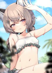  absurdres animal_ear_fluff animal_ears arm_up beach bikini blurry blurry_foreground braid breasts brown_hair commentary day english_commentary female frilled_bikini frills hair_ornament hairclip half-closed_eyes highres komachi_panko light_rays navel outdoors phase_connect pink_eyes red_panda_ears red_panda_girl red_panda_tail sky small_breasts solo sunbeam sunlight swimsuit twin_braids valefal_coneri virtual_youtuber water_drop wet white_bikini 