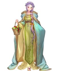  basket collarbone dress female fire_emblem fire_emblem:_the_binding_blade fire_emblem_heroes flower food fruit full_body gold_trim green_eyes hair_ornament head_wreath heterochromia highres holding hood hood_down idunn_(divine_demon)_(fire_emblem) idunn_(fire_emblem) kakage light_persona long_dress long_hair looking_at_viewer non-web_source official_art parted_bangs pointy_ears purple_hair red_eyes sandals smile solo standing tied_hair toes transparent_background 