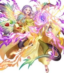  basket dragon_tail dress female fire_emblem fire_emblem:_the_binding_blade fire_emblem_heroes floating floating_object flower food fruit full_body gold_trim green_eyes hair_ornament head_wreath heterochromia highres holding hood hood_down idunn_(divine_demon)_(fire_emblem) idunn_(fire_emblem) kakage light_persona long_dress long_hair multiple_wings non-web_source official_art open_mouth pointy_ears purple_hair red_eyes sandals solo tail tied_hair toes transparent_background wings 