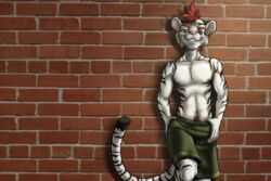  3:2 abs anthro athletic athletic_male black-kitten bottomwear clothed clothing felid feline finnian_ennis green_bottomwear green_clothing green_eyes green_shorts hair hi_res male mammal pantherine pubes red_hair shorts smile smirk solo text tiger topless translated 