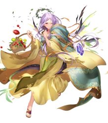  basket closed_mouth dress female fire_emblem fire_emblem:_the_binding_blade fire_emblem_heroes floating floating_object flower food fruit full_body gold_trim hair_ornament head_wreath heterochromia highres hood hood_down idunn_(divine_demon)_(fire_emblem) idunn_(fire_emblem) kakage leg_up light_persona long_dress long_hair looking_away non-web_source official_art one_eye_closed purple_hair red_eyes rock sandals solo toes torn_clothes transparent_background wide_sleeves 