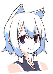  animal_ears bare_shoulders blue_eyes blue_hair blue_shirt closed_mouth collared_shirt commentary_request cropped_shoulders female hair_between_eyes looking_at_viewer nanami_ao portrait shirt short_hair simple_background sleeveless sleeveless_shirt smile solo sumiyao_(amam) white_background yozakura_quartet 