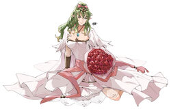  alternate_costume bouquet bow bracer bride bride_(fire_emblem) capelet dress female fire_emblem fire_emblem_awakening flower full_body green_eyes green_hair hairbow high_ponytail highres invisible_floor jewelry long_hair looking_at_viewer pendant pink_bow pointy_ears rose sakuremi sidelocks signature simple_background sitting solo tiara tiki_(adult)_(fire_emblem) tiki_(fire_emblem) wavy_hair wedding_dress white_background white_dress 