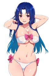  armpit_peek arms_up bikini blue_hair bow breasts caress cleavage collarbone female highres kawashima_ami large_breasts long_hair midriff navel open_mouth pink_bow purple_eyes solo swimsuit teeth tomohiro_kai toradora! upper_teeth_only white_background white_bikini 