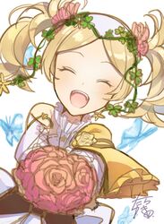  alternate_costume blonde_hair bug butterfly closed_eyes dress female fire_emblem fire_emblem_awakening fire_emblem_heroes flower hair_flower hair_ornament highres lissa_(fire_emblem) lissa_(valentine)_(fire_emblem) official_alternate_costume open_mouth solo tarayuki teeth twintails upper_body upper_teeth_only white_background 