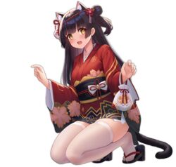  allenes animal_ears azur_lane black_hair cat_ears cat_tail female geta hair_bun hair_ornament highres japanese_clothes kimono kneeling long_hair looking_at_viewer official_alternate_costume official_art open_mouth single_hair_bun solo tabi tail thighhighs transparent_background white_thighhighs wide_sleeves yellow_eyes yukata yuugure_(azur_lane) yuugure_(summer_festival_shopping)_(azur_lane) 