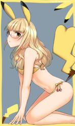  all_fours bikini blonde_hair blunt_bangs border breasts commentary_request cosplay feet_out_of_frame female from_side glasses grey_background highres hiroshi_(hunter-of-kct) kneeling leaning_forward long_hair looking_at_viewer navel perrine_h._clostermann pikachu pikachu_(cosplay) pikachu_ears pikachu_tail poke_ball poke_ball_(basic) pokemon pokemon_ears pokemon_tail side-tie_bikini_bottom small_breasts solo strike_witches swimsuit tail wavy_hair world_witches_series yellow_bikini yellow_border yellow_eyes 