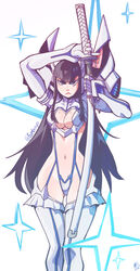  :&lt; bakuzan black_hair blue_eyes boots breasts cleavage cleavage_cutout clothing_cutout commentary devil_may_cry_(series) english_commentary epaulettes eymbee female frills highres junketsu kamui_(kill_la_kill) katana kill_la_kill kiryuuin_satsuki long_hair medium_hair navel parody sheath solo suspenders sword thick_eyebrows thigh_boots thighhighs tsurime unsheathing weapon white_footwear 