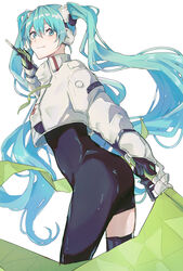  aqua_eyes aqua_hair ass asymmetrical_bodysuit black_bodysuit black_gloves bodysuit boots closed_mouth commentary cowboy_shot cropped_jacket female flag flagpole from_behind gloves goodsmile_racing green_flag green_gloves hatsune_miku highres holding holding_flag holding_pole jacket long_hair long_sleeves looking_at_viewer looking_back pole race_queen racing_miku racing_miku_(2022) shionagi_hagi single_leg_bodysuit single_thigh_boot single_thighhigh smile solo thigh_boots thighhighs twintails two-tone_gloves very_long_hair vocaloid wavy_hair white_jacket 