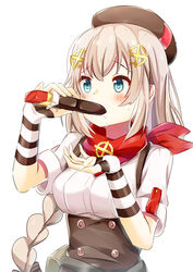  absurdres beret blonde_hair blue_eyes braid breasts brown_hat candy chocolate chocolate_bar eating female fnc_(girls&#039;_frontline) food girls&#039;_frontline gloves hair_ornament hat highres long_braid long_hair medium_breasts mutugorou_u sexually_suggestive short_sleeves single_braid solo striped_clothes striped_gloves upper_body very_long_hair 