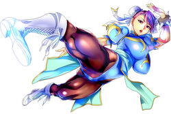  absurdres bracelet breasts brown_eyes brown_hair bun_cover china_dress chinese_clothes chun-li chun-li_(cosplay) cosplay double_bun dress female hair_bun highres jewelry judge_(oekaki) large_breasts lipstick looking_at_viewer makeup pantyhose parted_lips pelvic_curtain red_lips simple_background solo spiked_bracelet spikes street_fighter thick_thighs thighs white_background 