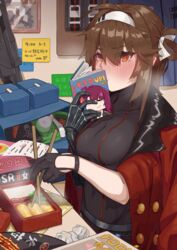  2girls absurdres android bag belt bento black_gloves black_leotard blush book_to_mouth breasts brown_eyes brown_hair chinese_text chopsticks cleavage coat cookbook curtains dinergate_(girls&#039;_frontline) eating folded_hair food girls&#039;_frontline glove_garter gloves griffin_&amp;_kryuger_military_uniform hair_ribbon highres holding holding_chopsticks indoors joints large_breasts leotard mechanical_arms multiple_girls open_bag paper picture_frame recipe_(object) red_coat ribbon rice rlin robot_joints sausage shirt short_hair_with_long_locks sign single_mechanical_arm snack solo_focus steam taut_clothes taut_shirt tied_hair translated type_79_(girls&#039;_frontline) type_79_smg wa2000_(girls&#039;_frontline) white_ribbon 