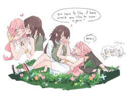  2girls :d blush bow casual chibi closed_eyes closed_mouth cup dress drinking_straw eden_(honkai_impact) elysia_(honkai_impact) english_text grass heart holding holding_cup holding_hands honkai_(series) honkai_impact_3rd kissing kissing_cheek long_hair lying multiple_girls multiple_views one_eye_closed open_mouth pants pink_hair pointy_ears shirt shoes shorts sleeveless sleeveless_dress smile sneakers v white_background white_dress white_shirt yaro_yk yuri 