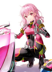  animal_ears black_bodysuit bodysuit braid breasts car closed_mouth commentary_request fake_animal_ears female fujima_takuya gloves hair_between_eyes helmet highres highspeed_etoile looking_at_viewer medium_breasts motor_vehicle motorcycle_helmet pink_bodysuit pink_hair red_eyes rindo_rin shadow simple_background smile solo squatting thumbs_up unworn_headwear unworn_helmet white_background white_gloves 