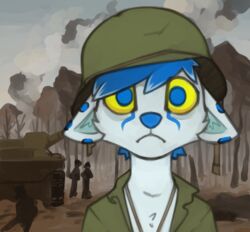  2024 anthro army_helmet army_uniform blank_stare blue_eyes canid canine canis chusky combat_stress fur hell icy_waters_(character) inspired_by_formal_art male mammal marines_call_it_that_2000_yard_stare marsminer meme military silhouetted_penis soldier solo tank thousand_yard_stare trauma traumatized vehicle warrior white_body white_fur wolf yellow_sclera 