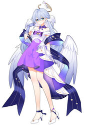  absurdres aqua_eyes bare_shoulders blue_skirt bow commentary feathered_wings female ff2074 full_body gloves grey_gloves grey_hair hand_up head_wings high_heels highres honkai:_star_rail honkai_(series) long_hair looking_at_viewer off-shoulder_shirt off_shoulder official_alternate_costume purple_bow robin_(honkai:_star_rail) shirt short_sleeves simple_background skirt smile solo standing very_long_hair white_background white_footwear white_shirt wings 