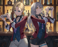  2girls absurdres alternate_costume aqua_eyes argyle_clothes argyle_necktie bakemonsou bar_(place) bartender black_collar black_skirt blonde_hair blue_shirt bottle breasts cleavage closed_mouth collar collarbone commentary_request cowboy_shot earrings grey_hair halo hands_up highres honkai:_star_rail honkai_(series) jacket jewelry long_hair long_sleeves looking_at_viewer multiple_girls open_clothes open_jacket pants red_jacket shirt short_hair siobhan_(honkai:_star_rail) skirt smile stelle_(honkai:_star_rail) thigh_strap trailblazer_(honkai:_star_rail) very_short_hair white_pants wine_bottle yellow_eyes 