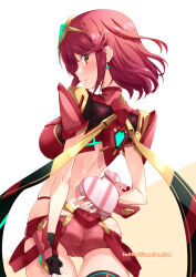  ass box breasts commentary_request earrings female from_behind gift heart-shaped_box highres holding holding_gift izumi_mahiru jewelry large_breasts looking_at_viewer looking_back micro_shorts orange_eyes profile pyra_(xenoblade) red_hair red_shorts short_hair shorts skindentation smile solo thigh_gap tiara xenoblade_chronicles_(series) xenoblade_chronicles_2 