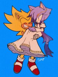  2024 3:4 anthro blaze_the_cat blush blush_lines clothed clothing crown domestic_cat dress duo eulipotyphlan felid feline felis female footwear headgear hedgehog hi_res looking_at_another male male/female mammal purple_body sega shoes simple_background smile sonic_the_hedgehog sonic_the_hedgehog_(series) spidercheetos super_sonic tail tiara yellow_eyes 