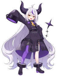  2023 belt blush clothed clothing coat cuff_(restraint) demon female grey_hair hair hi_res hololive horn humanoid humanoid_pointy_ears laplus_darkness long_hair mauve_(artist) multicolored_hair not_furry open_mouth oversized_sleeves purple_hair restraints shackles simple_background solo topwear vtuber white_background yellow_eyes 