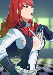  absurdres belt between_breasts black_gloves black_vest blurry blurry_background bow bowtie breasts checkered_floor collared_shirt commentary english_commentary eyelashes female gjh gloves hand_up highres holding holding_sword holding_weapon indoors kirijou_mitsuru large_breasts lips long_hair monster_energy open_clothes open_mouth open_vest partially_unbuttoned persona persona_3 rapier red_bow red_bowtie red_eyes red_hair see-through see-through_shirt shirt solo sweatdrop sword teeth upper_body upper_teeth_only vest weapon white_belt 