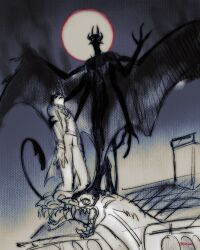  2boys bw_usagi coat corpse demon_boy demon_horns demon_tail demon_wings english_commentary extra_arms extra_eyes full_body full_moon highres horns looking_at_viewer male_focus monster_boy moon multiple_boys night original outdoors rooftop tail wings 