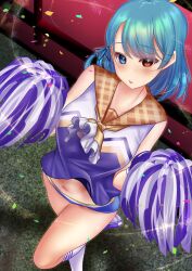  1girls alternate_costume blue_eyes blue_hair breasts cheerleader collarbone full_body heterochromia kogasa_tatara looking_at_viewer outdoors pom_pom_(cheerleading) red_eyes shirt shounen_(hogehoge) solo tatara_kogasa tatara_kogasa_(sunshine_praying_umbrella) touhou touhou_lost_word variant_set white_socks 