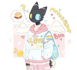  2023 anthro black_body black_eyes black_fur blue_clothing blue_hoodie blue_sclera blue_topwear blush blush_lines bunonthemoon clothing domestic_cat felid feline felis fur hand_in_pocket heterochromia hoodie looking_aside male mammal pink_clothing pink_hoodie pink_topwear pockets slim_anthro slim_male solo topwear yellow_sclera 