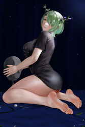  antlers ass barefoot black_nails breasts ceres_fauna easonx female flower from_side green_hair hair_flower hair_ornament hair_over_one_eye highres hololive hololive_english horns kneeling large_breasts lips looking_at_viewer mole mole_under_eye short_hair soles solo tree_horns virtual_youtuber yellow_eyes 