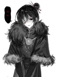  bandage_over_one_eye black_capelet black_dress black_eyes black_gloves black_hair blood blood_on_face capelet chinese_commentary chinese_text commentary_request dress female fur-trimmed_capelet fur_trim gloves hair_bun hair_ornament hair_stick highres pale_skin parted_lips shi_si_le_bushi_shui_zhao_le simple_background single_hair_bun single_side_bun solo speech_bubble touqi_guaitan translation_request upper_body white_background wu_song_(female)_(touqi_guaitan) 