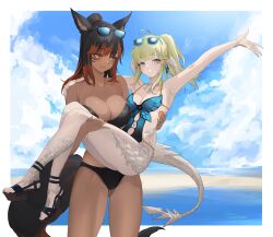  2girls absurdres animal_ears aqua_one-piece_swimsuit au_ra beach bikini black_bikini black_hair blonde_hair blue_sky breasts carrying cat_ears cat_girl cat_tail cleavage cloud cloudy_sky commission couple dark-skinned_female dark_skin dragon_girl dragon_horns dragon_tail earrings eyewear_on_head facial_mark final_fantasy final_fantasy_xiv fluffy grey_eyes high_heel_sandals highres horns jewelry large_breasts medium_breasts miqo&#039;te multicolored_hair multiple_girls ocean one-piece_swimsuit ponytail princess_carry red_eyes ritence sand sandals side_ponytail sky sunglasses swimsuit tail two-tone_hair warrior_of_light_(ff14) whisker_markings white_scales yuri 