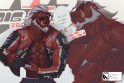  2024 abs akarugon anthro barazoku beard biceps big_daddy_(zenless_zone_zero) big_muscles biped cigarette cigarette_in_mouth facial_hair gold_fang hair hi_res looking_at_viewer male mammal mihoyo muscular muscular_anthro muscular_male object_in_mouth pecs red_body red_skin solo suid suina sus_(pig) white_beard white_facial_hair white_hair wild_boar zenless_zone_zero 