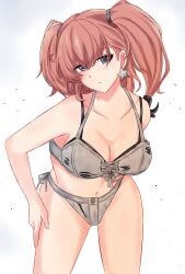  anchor_hair_ornament atlanta_(kancolle) atlanta_(swimsuit_mode)_(kancolle) bikini blush breasts brown_hair collarbone earrings female grey_bikini grey_eyes hair_ornament hand_on_own_thigh highres jewelry kantai_collection large_breasts layered_bikini long_hair looking_at_viewer rukialice side-tie_bikini_bottom solo star_(symbol) star_earrings swimsuit two_side_up white_background 