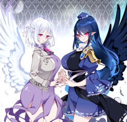  2girls armor black_wings blue_eyes blue_hair breasts brooch coat commentary_request covered_navel cowboy_shot dark_blue_hair earrings falling_feathers feathered_wings feathers frilled_sleeves frills gradient_background grey_hair half_up_braid hat highres holding_hands iizunamaru_megumu interlocked_fingers jacket jewelry kishin_sagume large_breasts long_hair looking_at_viewer multiple_girls pauldrons pointy_ears raptor7 red_eyes short_hair shoulder_armor shoulder_guard single_pauldron single_wing sleeveless sleeveless_coat smile suit_jacket tengu tokin_hat touhou white_background white_wings wings 