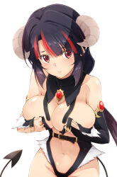  bare_shoulders black_hair blush breasts brooch commentary_request curled_horns demon_girl demon_tail detached_sleeves female highres horns izumi_mahiru jewelry large_breasts looking_at_viewer multicolored_hair navel original red_eyes red_hair revealing_clothes short_hair simple_background solo streaked_hair tail two-tone_hair white_background 