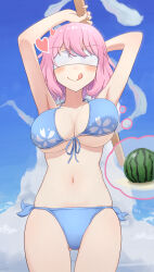  :q absurdres alternate_costume beckody bikini blindfold blue_bikini blue_sky blush breasts cleavage cloud commentary_request day female food fruit halterneck highres holding holding_stick large_breasts midriff navel petal_print pink_hair print_bikini saigyouji_yuyuko side-tie_bikini_bottom sky solo stick string_bikini suikawari swimsuit thought_bubble tongue tongue_out touhou watermelon white_blindfold 