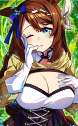  blue_eyes blush braid breasts brown_hair cleavage corset cosplay female gloves goldmary_(fire_emblem) goldmary_(fire_emblem)_(cosplay) hand_on_own_chest hand_up head_tilt highres large_breasts long_hair one_eye_closed parted_lips smile solo super_creek_(umamusume) umamusume upper_body white_gloves yasume_yukito 