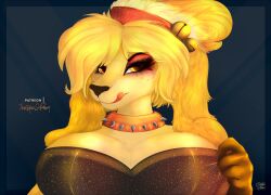  2019 5_fingers animal_crossing anthro artist_name bangs bell big_breasts black_background black_clothing black_crop_top black_eyebrows black_nose black_shirt black_topwear blonde_hair breasts brown_clothing brown_gloves brown_handwear bust_portrait canid canine canis cleavage clothed clothing collar colored crop_top digital_drawing_(artwork) digital_media_(artwork) domestic_dog ears_on_shoulders eyebrows eyelashes eyeshadow female fingers fluffy_ears front_view fur gloves hair half-closed_eyes handwear holding_clothing holding_object isabelle_(animal_crossing) licking licking_lips licking_own_lips light lighting looking_at_viewer makeup mammal narrowed_eyes nintendo orange_collar orange_tongue patreon patreon_artist ponytail portrait rakkyoarts red_eyeshadow red_hair_tie shaded shih_tzu shirt simple_background smile smiling_at_viewer solo spiked_collar spikes text tongue topwear toy_dog yellow_body yellow_eyes yellow_fur 