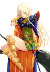  absurdres armor blonde_hair boots breasts cape commentary_request deedlit elf female green_eyes highres izumi_mahiru long_hair looking_at_viewer pauldrons pointy_ears record_of_lodoss_war shoulder_armor sitting small_breasts smile solo sword weapon 