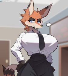  anthro ass big_breasts bottomwear breasts canid canine clothed clothing cooliehigh eyelashes female fox fur ginger_(cooliehigh) hi_res mammal multicolored_body orange_body pupils shirt solo topwear 