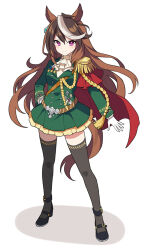  2023 animal_humanoid bottomwear brown_hair cape clothing cygames epaulet equid equid_humanoid equine equine_humanoid female footwear hair horse_humanoid humanoid jacket legwear mammal mammal_humanoid mauve_(artist) medal military_uniform multicolored_hair purple_eyes shoes simple_background skirt solo symboli_rudolf_(pretty_derby) thigh_highs topwear uma_musume_pretty_derby uniform white_background 