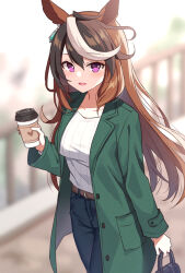  2023 animal_humanoid bottomwear breasts brown_hair clothed clothing coat container cup cygames equid equid_humanoid equine equine_humanoid female hair holding_container holding_cup holding_object horse_humanoid humanoid looking_at_viewer mammal mammal_humanoid mauve_(artist) multicolored_hair pants purple_eyes purse shirt solo symboli_rudolf_(pretty_derby) topwear uma_musume_pretty_derby 