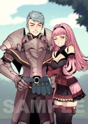  1boy :d armor artist_name bare_shoulders black_dress black_thighhighs blue_eyes blue_hair blunt_bangs blush breasts caspar_von_bergliez cleavage cleavage_cutout closed_eyes clothing_cutout cloud commentary_request couple cowboy_shot day detached_sleeves dress earrings english_commentary female fire_emblem fire_emblem:_three_houses fishine gloves halter_dress halterneck hand_on_own_hip highres hilda_valentine_goneril holding_another&#039;s_arm hoop_earrings jewelry large_breasts long_hair looking_at_viewer mixed-language_commentary one_eye_closed open_mouth outdoors parted_lips pink_dress pink_eyes pink_hair puffy_sleeves red_gloves ribbon sample_watermark short_bangs sky smile sparkle standing straight thighhighs tree variant_set watermark zettai_ryouiki 