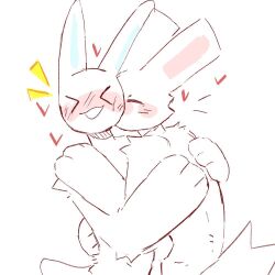  &gt;_&lt; 1:1 2023 blue_inner_ear blush blush_lines bunonthemoon closed_eyes duo fur heart_symbol hug kissing_cheek lagomorph leporid male mammal nude_anthro nude_male pink_inner_ear rabbit romantic romantic_couple slim_anthro slim_male white_body white_fur 