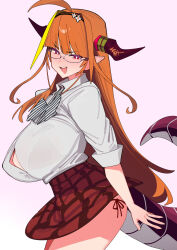  ahoge blonde_hair blush bow breasts dismassd dragon_girl dragon_horns dragon_tail female glasses hairband highres hololive horn_ornament horns kiryu_coco large_breasts long_hair looking_at_viewer multicolored_hair open_mouth orange_hair pointy_ears red_eyes school_uniform skirt solo streaked_hair tail virtual_youtuber 